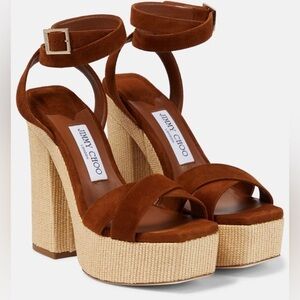 Jimmy Choo Gaia 140MM Raffia Suede Platform Sandals in Tan - NWT